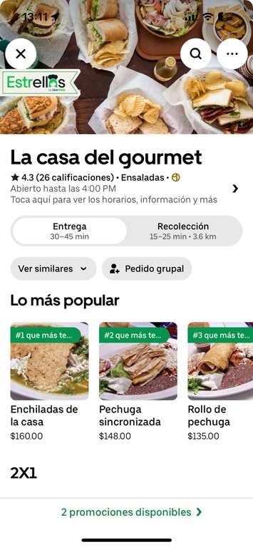 Uber Eats - Casa del gourmet, 2 ensaladas y un refresco