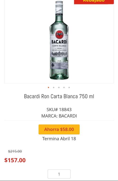 HEB: Bacardi Ron Carta Blanca 750 ml a $157