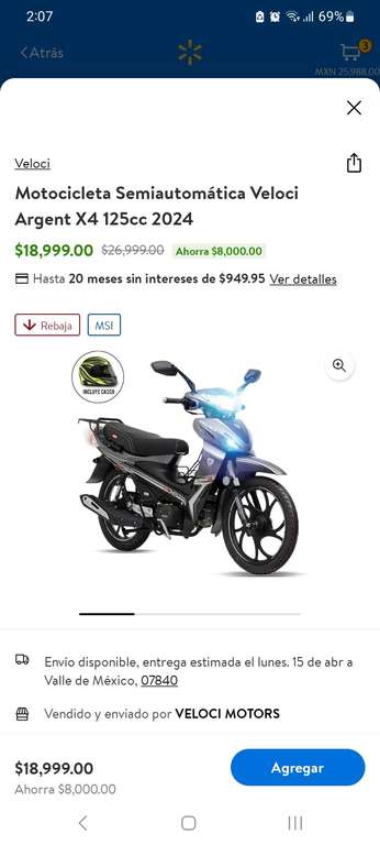 Motocicleta Semiautomática Veloci Argent X4 125cc 2024 | Walmart en linea