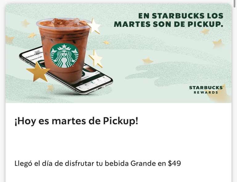 Starbucks Rewards - Bebidas seleccionadas a $49 solo los martes por pickup