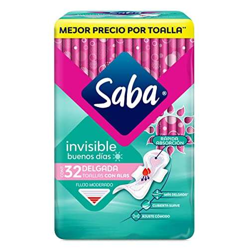 Amazon: Saba Invisible Buenos Días, Toallas Femeninas Delgadas Con Alas, Flujo Moderado, 32 Piezas | Planea y Ahorra, envío gratis con Prime