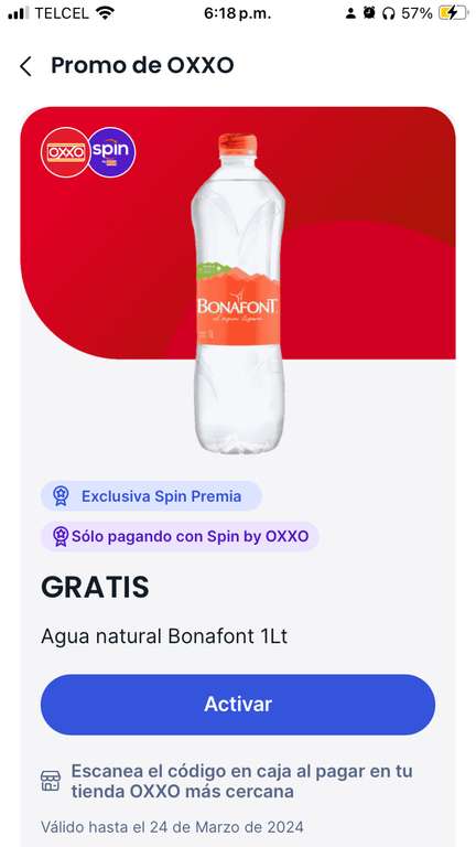Oxxo SPIN PREMIA: GRATIS Agua natural Bonafont 1Lt
