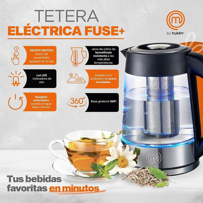 Amazon: Masterchef by Hukën, Tetera de acero, Eléctrica con Infusor Removible, Base Giratoria, 1.7L, 1200W (On/Off)