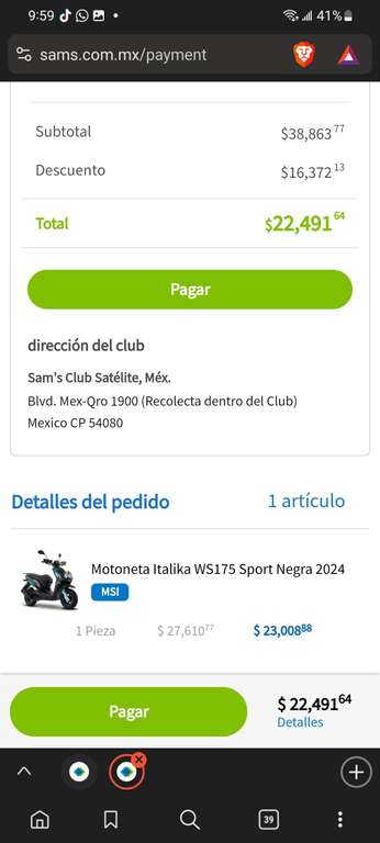 Sam's Club: Motoneta Italika WS175 Sport Negra 2024 con TDC