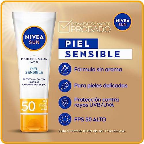 Amazon: NIVEA SUN Protector Solar Facial para Piel Sensible (50 ml), Libre de Aroma con FPS 50 | Planea y Ahorra, envío gratis con Prime