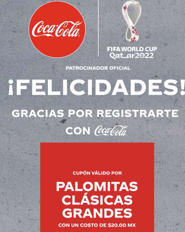 Cinemex x Coca Cola: Palomitas grandes Clásicas a $20 pesos al registrarte