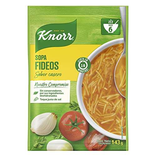 Amazon: Fideos KNORR sabor Pollo y Tomate 143 g Rinde 6 porciones | Planea y Ahorra, envío gratis con Prime