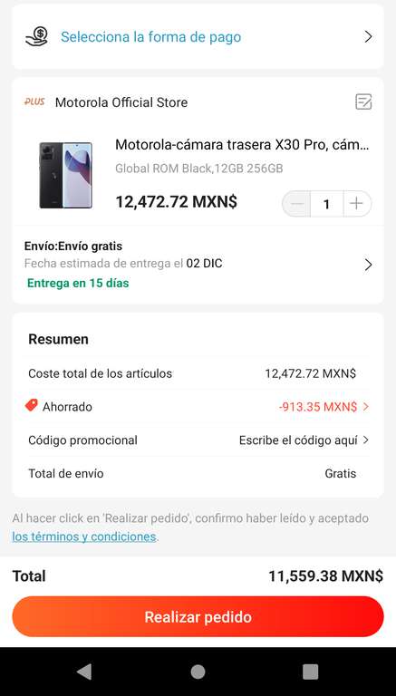 AliExpress: Celular Motorola Moto Edge 30 Ultra SD 8+ Gen 1 12+256 GB. Versión China