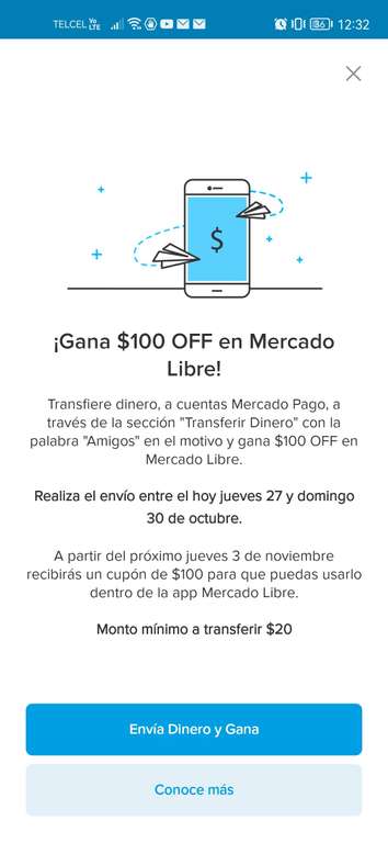 Mercado Pago: Cupón de $100 en Mercado Libre al transferir dinero (mín $20) con el texto "Amigos" en el motivo | usuarios seleccionados
