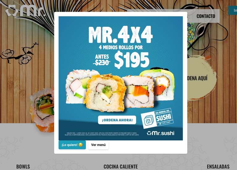 4 medios rollos por $195 en Mr. Sushi