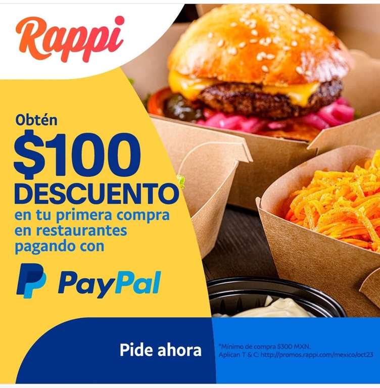 Rappi: $100 de Descuento en Primera Compra con Paypal en compra mínima de $300