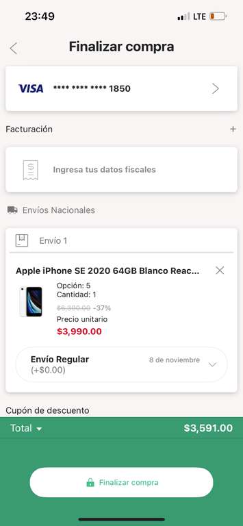 Linio: iPhone refurbished 10% descuento iPhone SE: $3,591