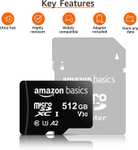 Amazon Basics - Tarjeta de memoria microSDXC de 512 GB con adaptador de tamaño completo, 100 MB/s, U3