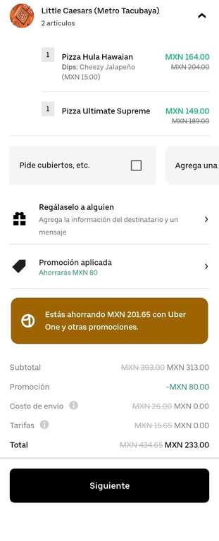 Uber Eats: Little Caesars Tacubaya 2 pizzas especialidad+ dip + envío gratis con Uber One