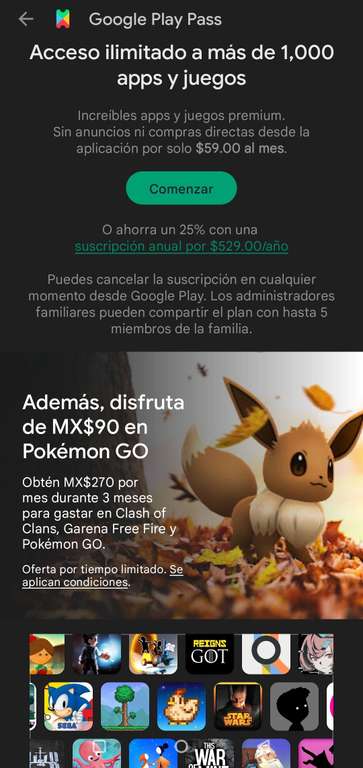 Google Play Pass: $90 gratis en Pokémon Go, Clash of Clans Y Garena Free Fire (usuarios seleccionados)