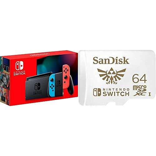 Amazon: Nintendo Consola Switch Neon 32GB Version 1.1 - Standard Edition + SanDisk SDSQXAT-MEMSAN2100 Memoria para PC, 64GB, Rojo/Blanco