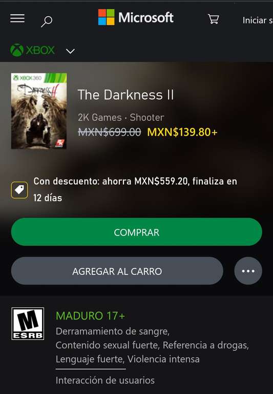 Xbox: The Darkness II Microsoft store (retrocompatible)