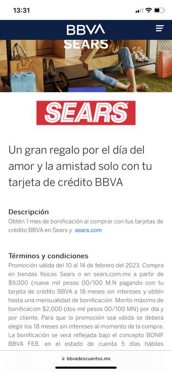Sears: 1 mensualidad de bonificación con BBVA