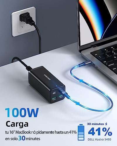 Amazon: Rocoren Cargador 100W GAN 4 Puertos PD3.0 QC5.0 PPS 2x USB C 2x USB A con Cable de AC de 1,5 m