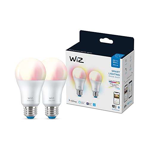 Amazon: WiZ Connected Paquete de 2 bombillas WiFi A19 de color de 60 W, compatible con Alexa y Google Home Assistant