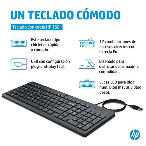 Amazon: HP Teclado con Cable 150, USB, en Español, Windows/Mac OS, Negro | envío gratis con Prime