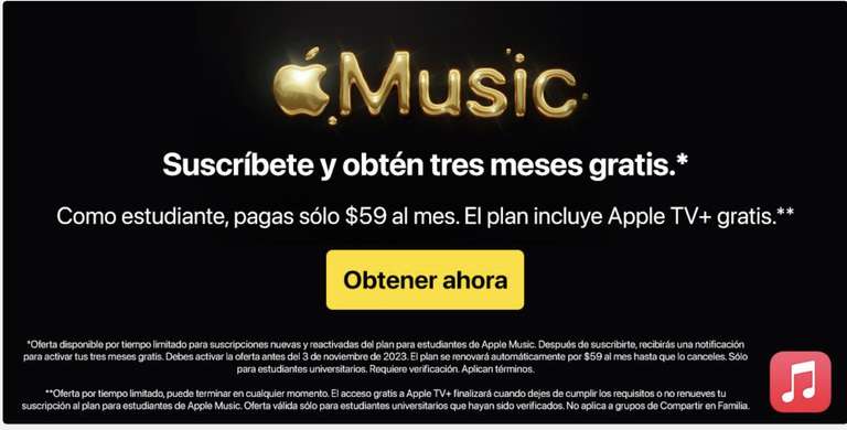 Apple Music $59 plan de estudiante + 3 meses gratis