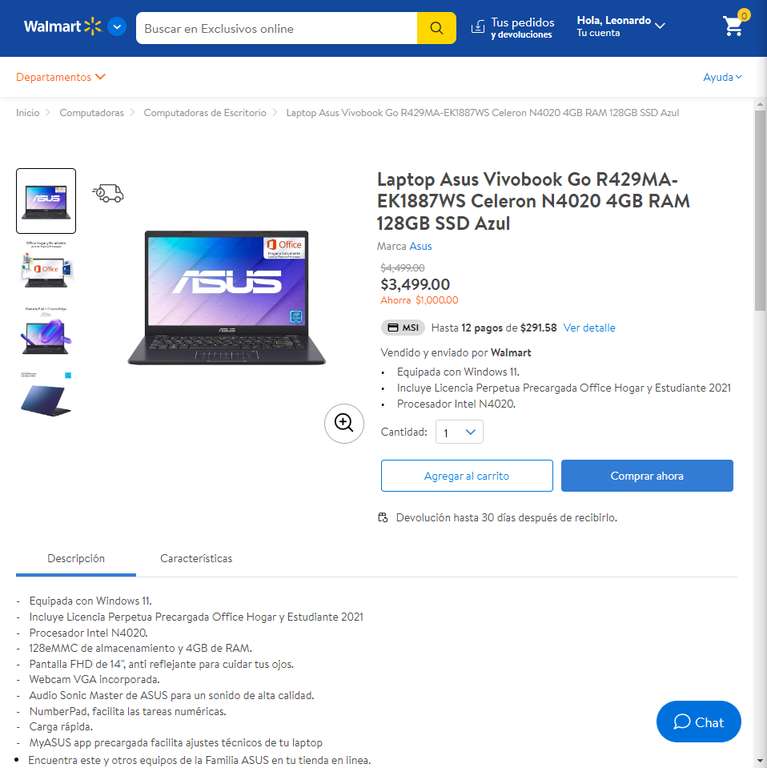 WALMART Laptop Asus Vivobook Go R429MA-EK1887WS Celeron N4020 4GB RAM 128GB SSD Azul