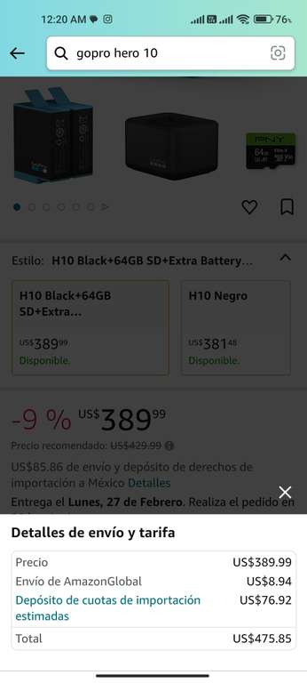 Amazon USA: GoPro HERO10 - Paquete negro + cargador de batería dual + 1 batería adicional + tarjeta SD de 64 GB