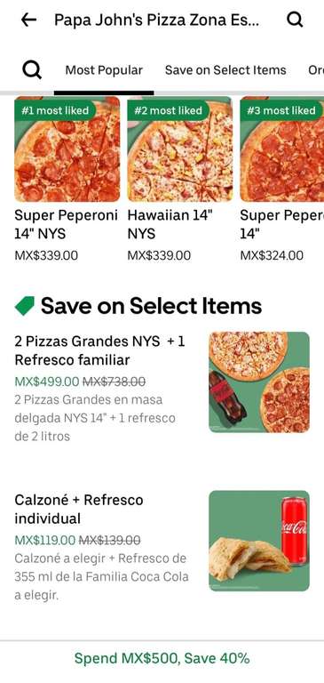UberEATS: 2 pizzas grandes y coquita grande. Papa John's | Cupón del 40% de la tienda | Miembros one