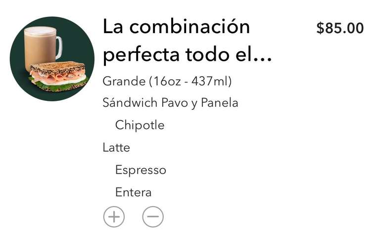 Starbucks: Latte grande + Sándwich de Pavo y Panela por $85