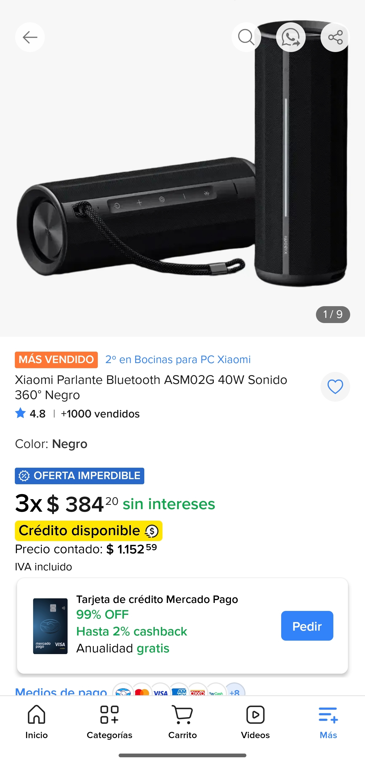 Mercado Libre: Xiaomi Parlante Bluetooth ASM02G 40W Sonido 360° Negro