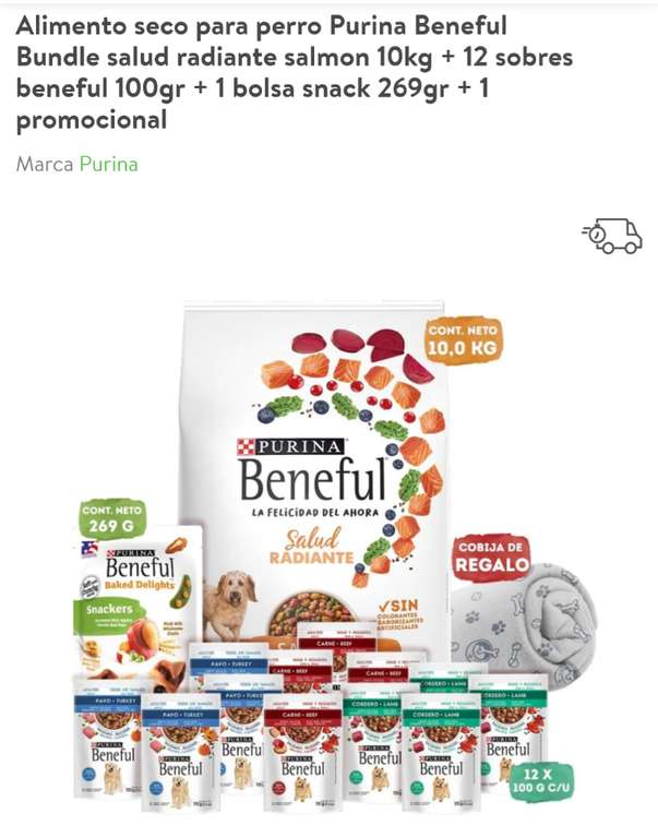 Bodega Aurrera: Croquetas perro Purina Beneful Bundle salud radiante salmon 10kg + 12 sobres beneful + bolsa snack 269gr + promocional