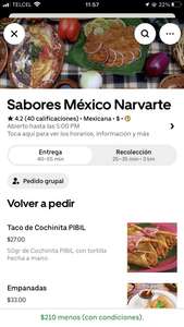 Uber Eats: Comida completa desde $29 hasta $80 pesos en SABORES MÉXICO (Varias sucursales)