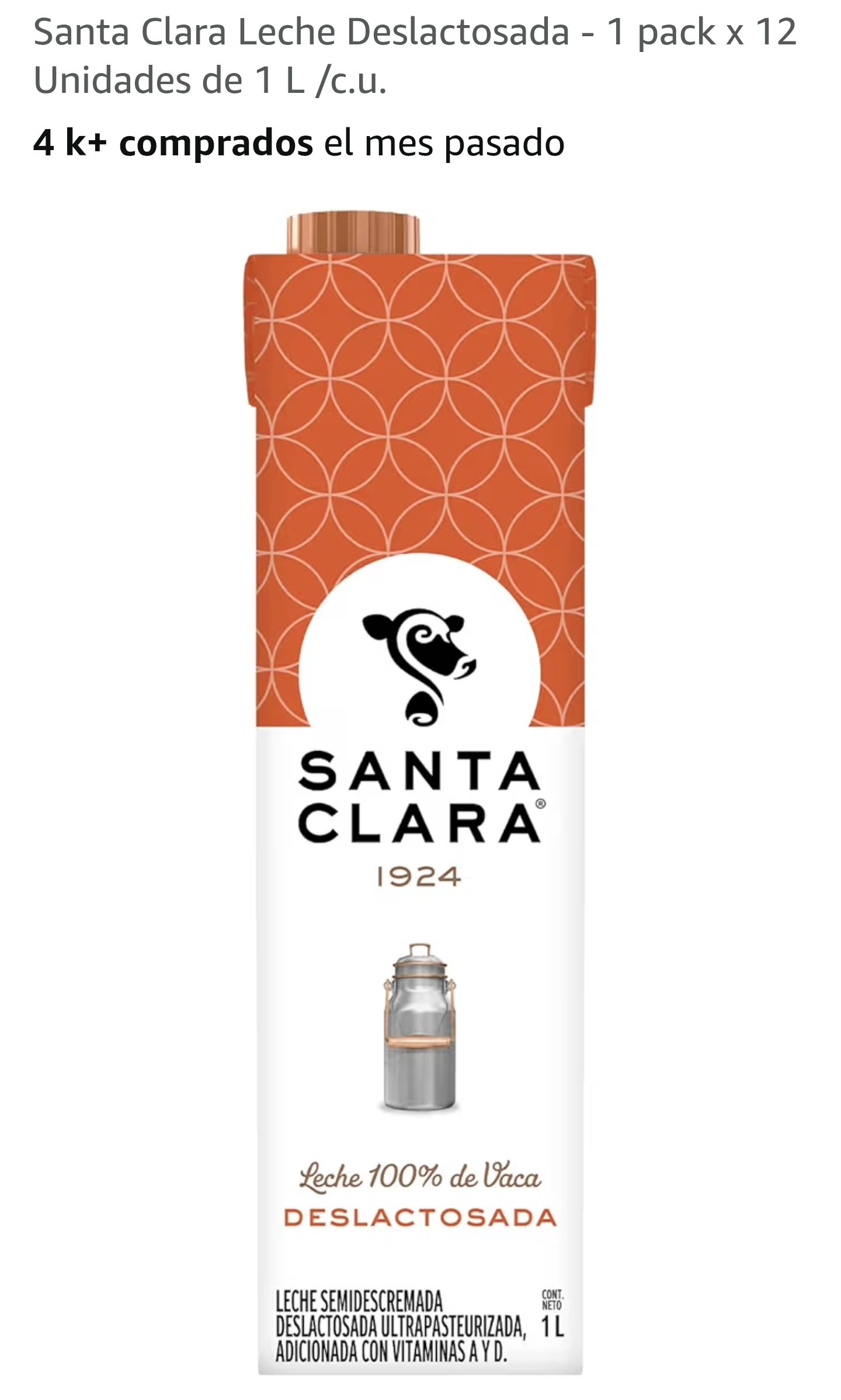 Amazon. Santa Clara Leche Deslactosada - 1 pack x 12 Unidades de 1 L /c.u.. Planea y Ahorra
