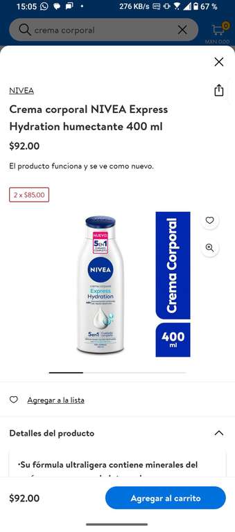 Walmart: Crema corporal NIVEA Express Hydration humectante 400 ml 2 x $85