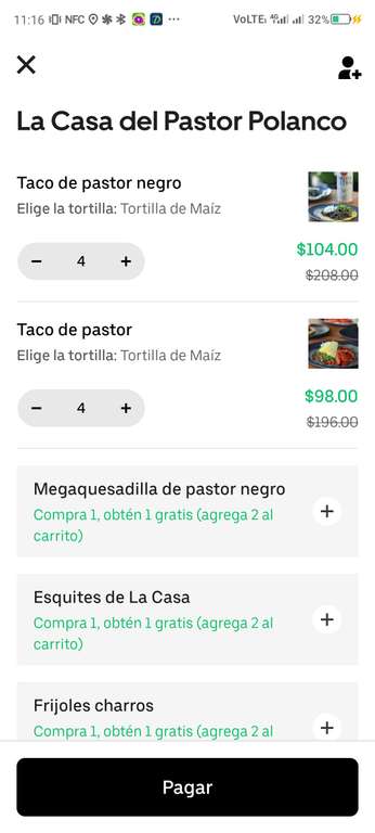 Uber Eats: 8 tacos X72$ en la casa del pastor
