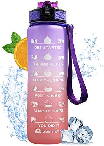 Amazon: Bluelander Botella de Agua Motivacional de 1 Litro, Botella de Agua con Popote 1L, Boca Ancha, Sin BPA,(Morado-Rosa)