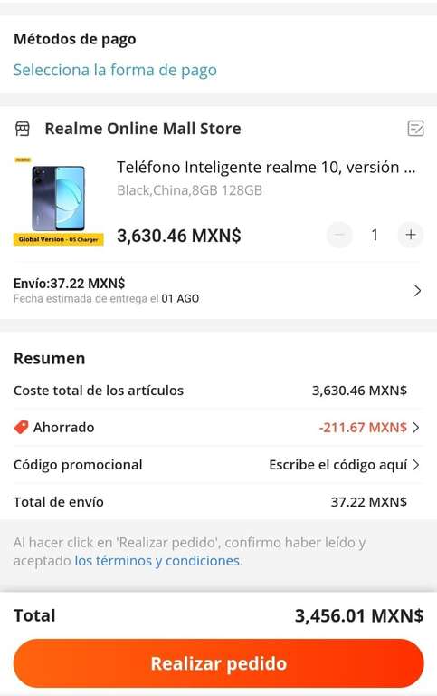 AliExpress: Teléfono Realme 10 8gb + 128gb versión global