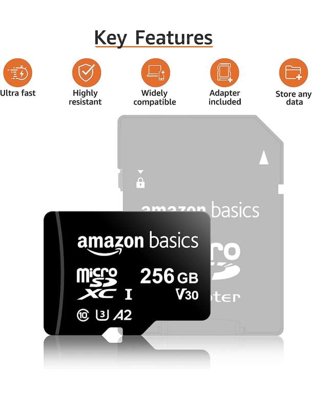 Amazon: Tarjeta de memoria microSDXC, A2, U3, velocidad de lectura de 100 MB/s, 256 GB | Envío gratis con Prime