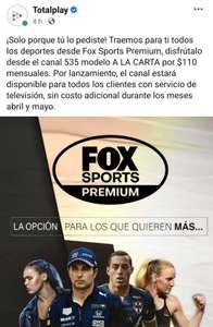 Totalplay : Fox Sports Premium gratis en Abril y Mayo (Clientes con servicio de televisión)