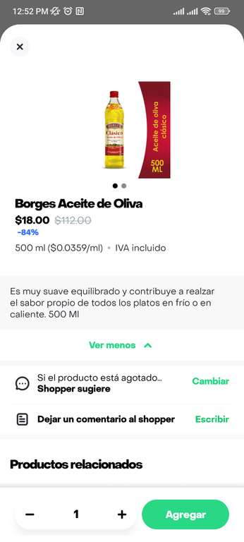 Rappi: Aceite de Oliva Clásico Borges 500 ml a