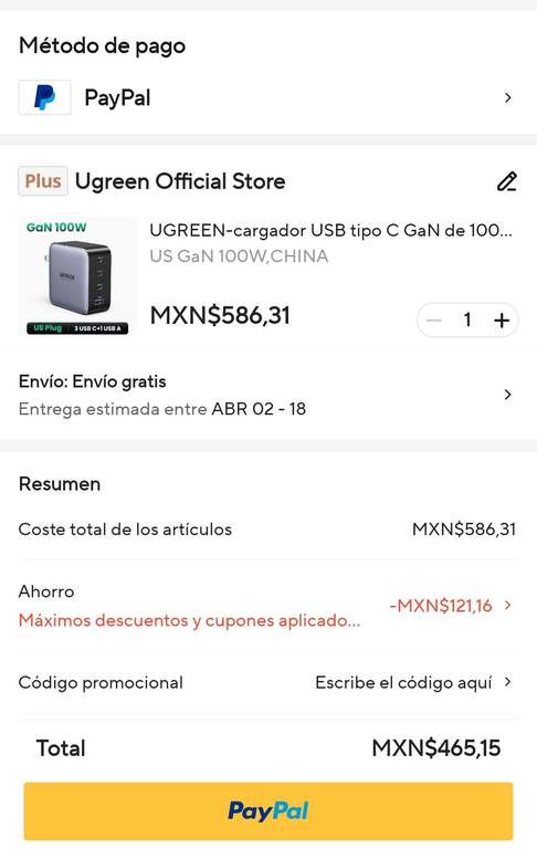 AliExpress: Ugreen Cargador Nexode GaN 100W $465.15 (O paquete con cable de 2M $563.21)