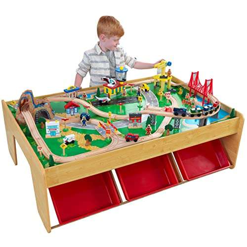 Amazon: Circuito de tren de juguete y tablero de madera para niños Waterfall Mountain con almacenaje y 120 piezas de juego incluidas