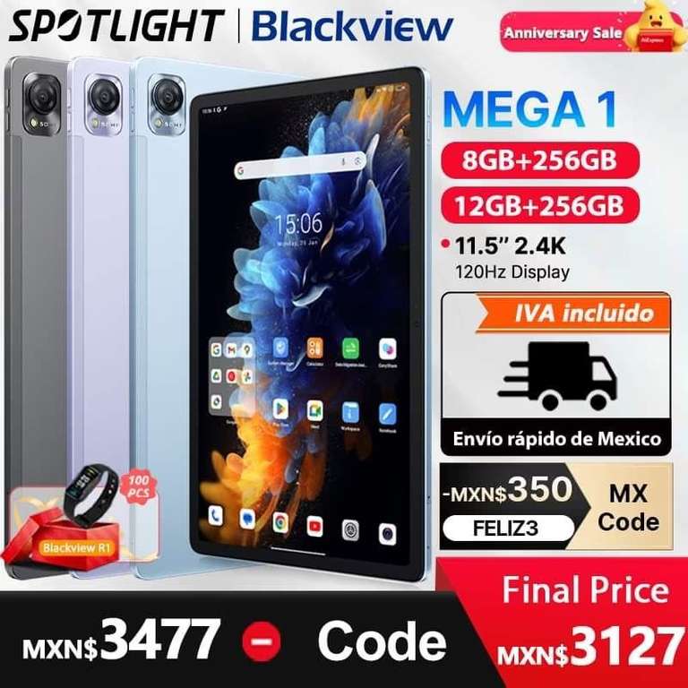 AliExpress: Blackview-Tableta MEGA 1 120Hz, pantalla de 8GB/12GB, 256GB, 8800mAh, cámara de 50MP + 13MP