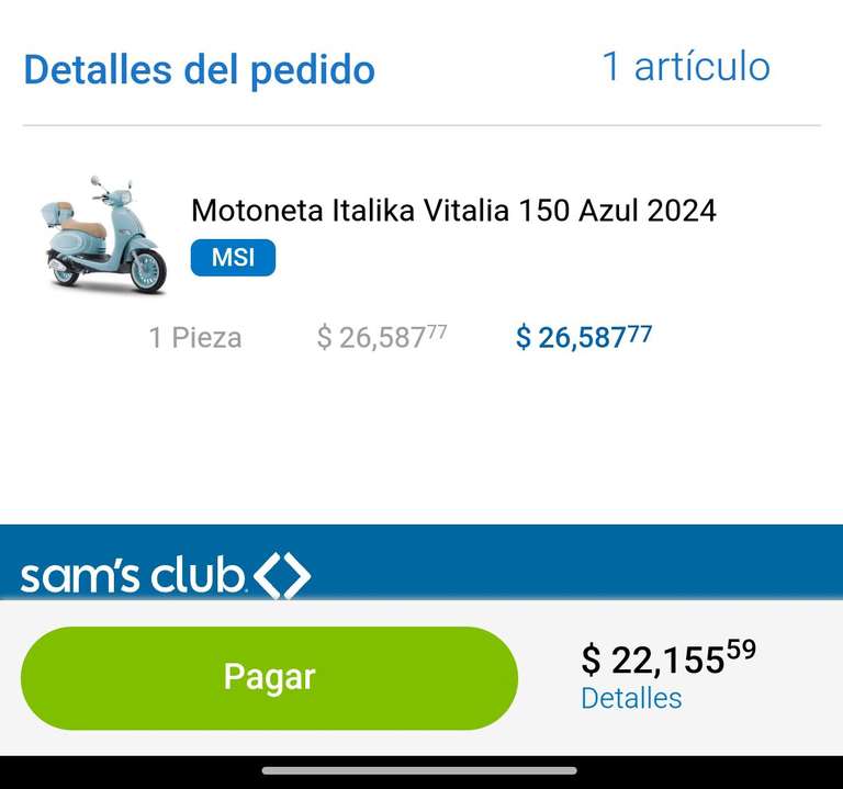 Sam's Club: Motoneta Italika Vitalia 150 Azul 2024 al pagar con TDC a 18msi