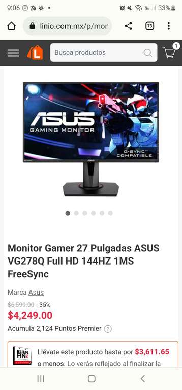 Linio: Monitor Gamer 27 Pulgadas ASUS VG278Q Full HD 144HZ 1MS FreeSync