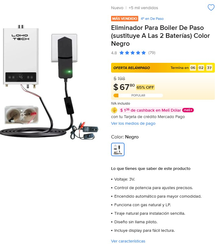 Mercado Libre - Eliminador Para Boiler De Paso (sustituye A Las 2 Baterías) Color Negro