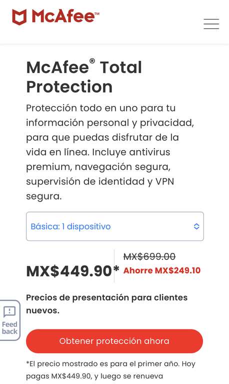 McAfee Total Protection 1 dispositivo
