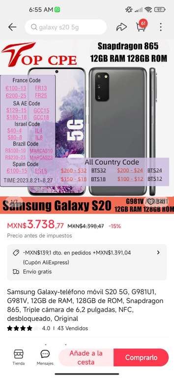 AliExpress: Samsung s20 12/128 | Cupón del vendedor + BTS24