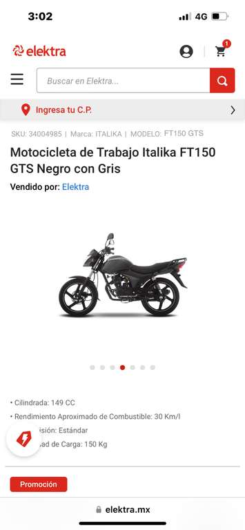 Elektra: Motocicleta de Trabajo Italika FT150 GTS Negro con Gris